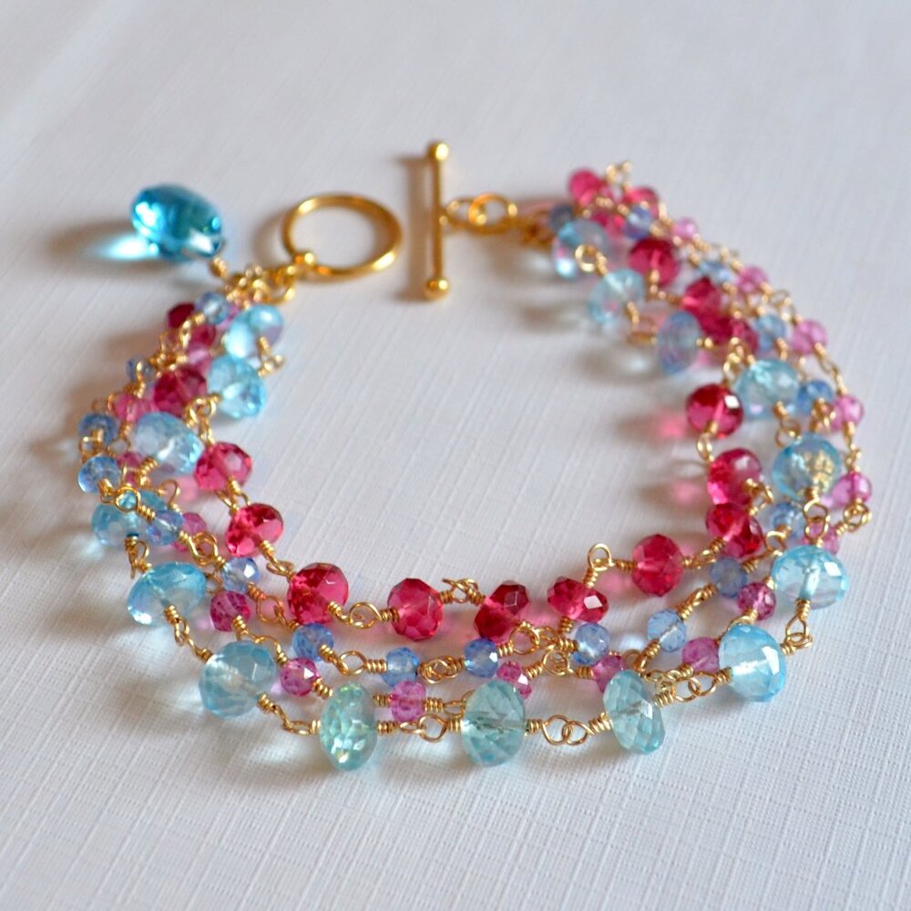 Blue and Hot Pink Gemstone Bracelet in Gold